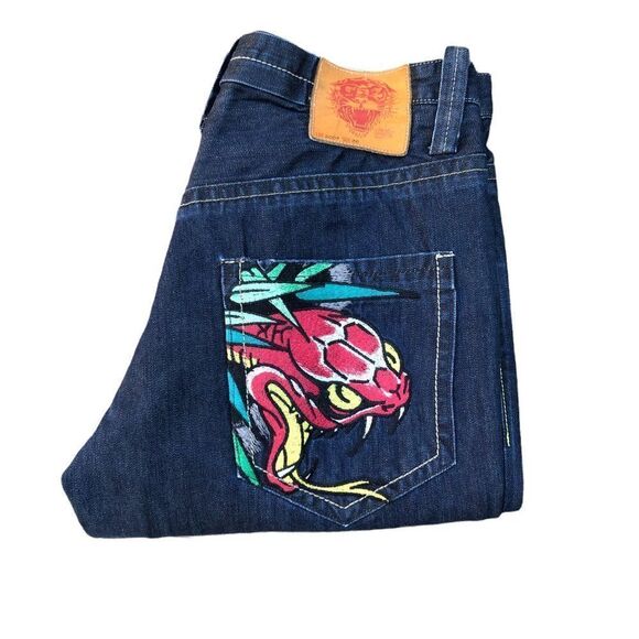 Rare Ed Hardy Embroidered Jeans Size 36 'Snake Bite' - Picture 5 of 15
